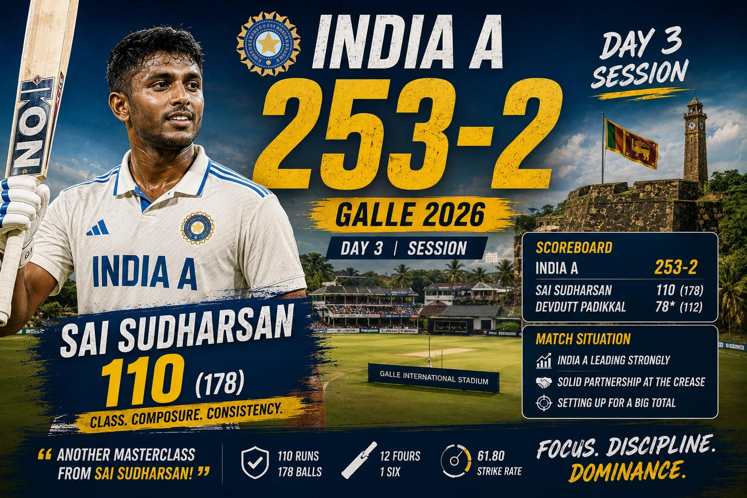 India A 253-2 vs Sri Lanka A | Sudharsan 110 Galle Day 3